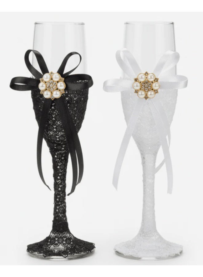 AKDC Wedding Bride & Groom Champagne Flute Glass Set of 2 – Black & White Design - Image 1